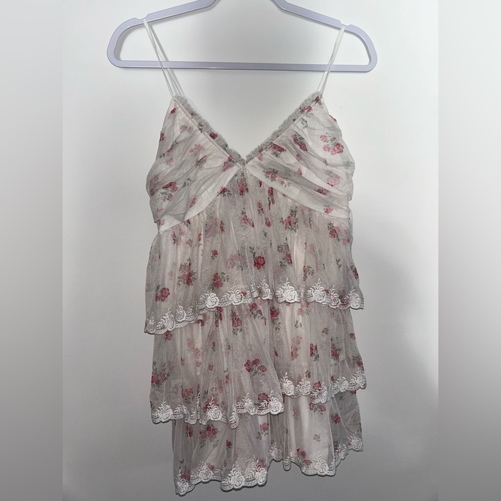 Altar'd State White and Pink Floral Tiered Mini Dress